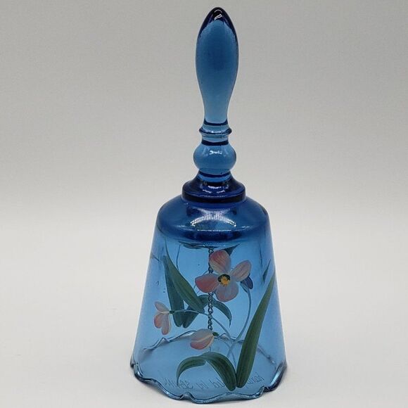 Fenton Signed Hand Painted Blue Floral Art Glass Bell - Picture 12 of 12
